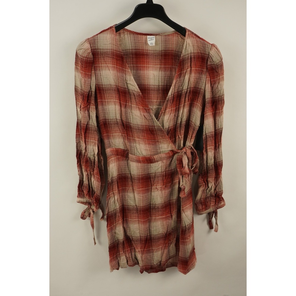 Melrose & Market Red Plaid V-Neck Tie Waist Midi Wrap Dress Mens Size M